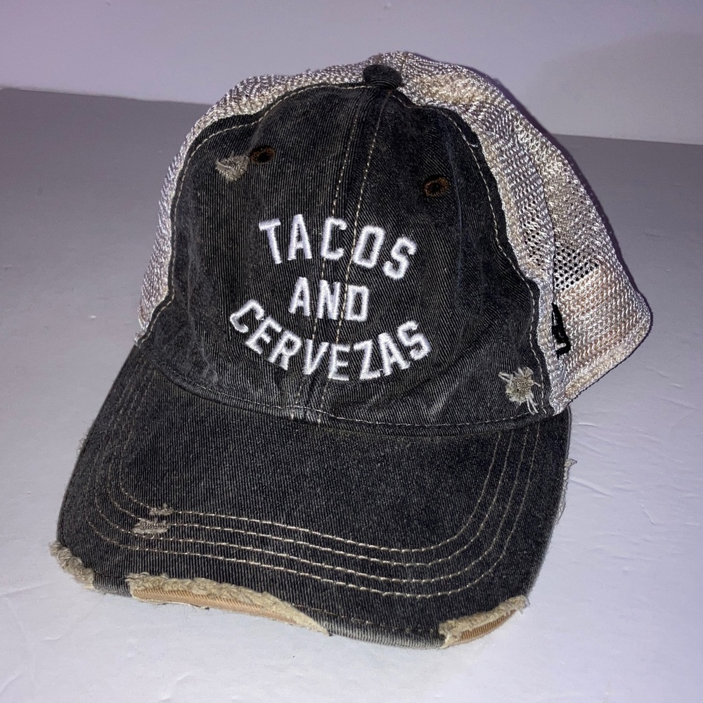 Retro Distressed Black and Tan SnapBack Trucker Hat Tacos and Cervezas‎